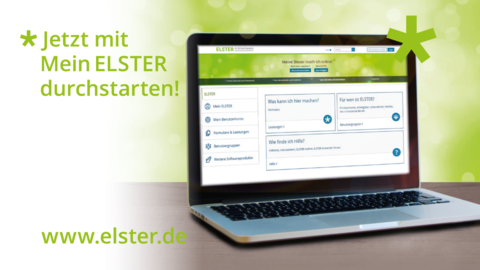 Jetzt mit Mein ELSTER durchstarten Notebook mit Slogan: Ketzt mit Mein ELSTER durchstarten.