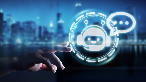 Steuerchatbot Hand berührt Symbol für Chatbot auf einem gläsernen Display